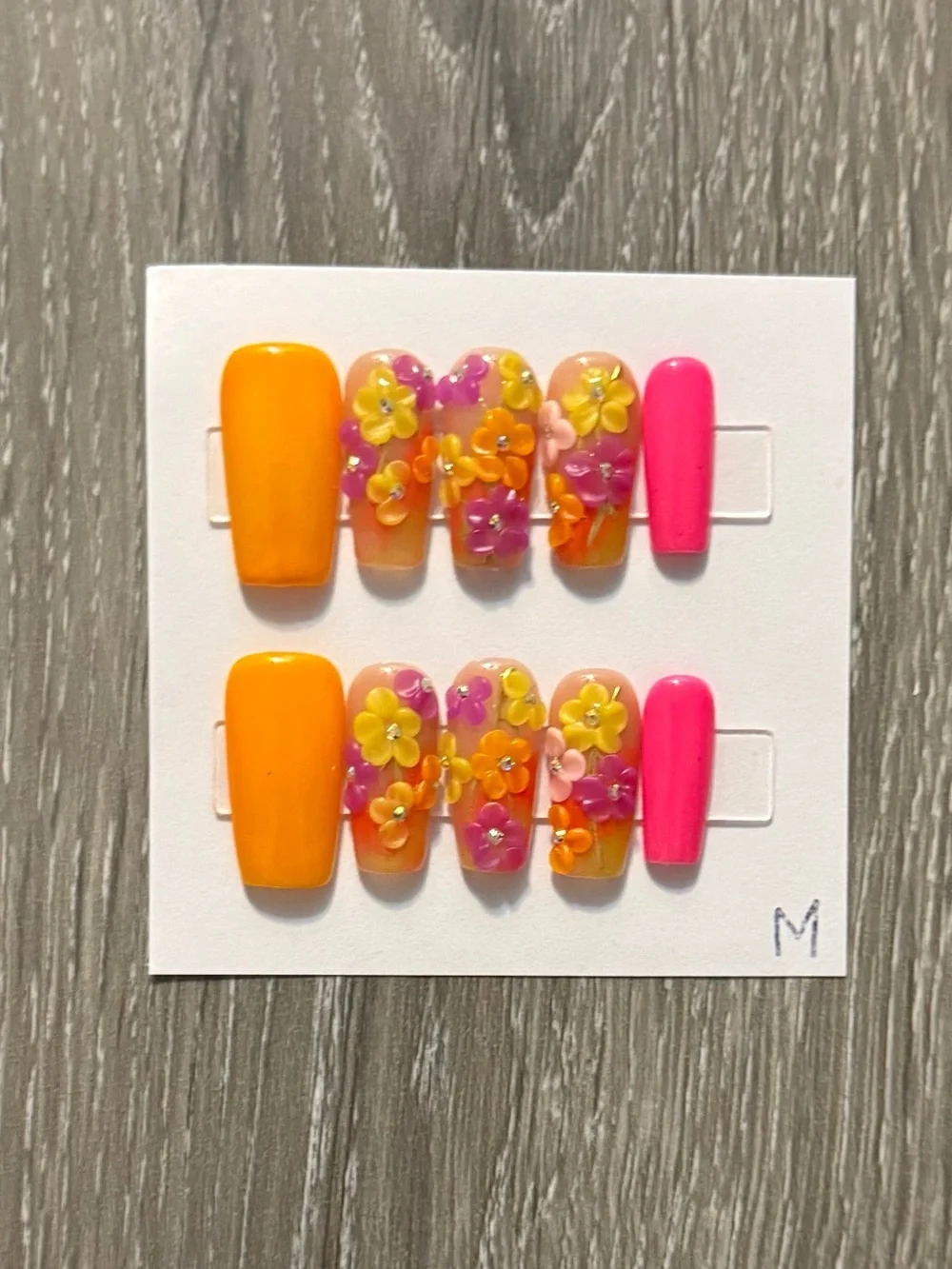 Vibrant Floral Press-On Nails in Orange & Pink